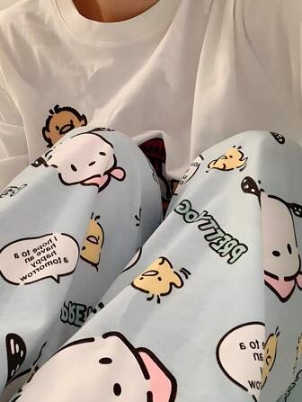 Sanrio Women Cartoon Print Casual Long Pants, Comfortable Loose Fit Pajama Pants, Suitable For All Seasons, Fall, Winter