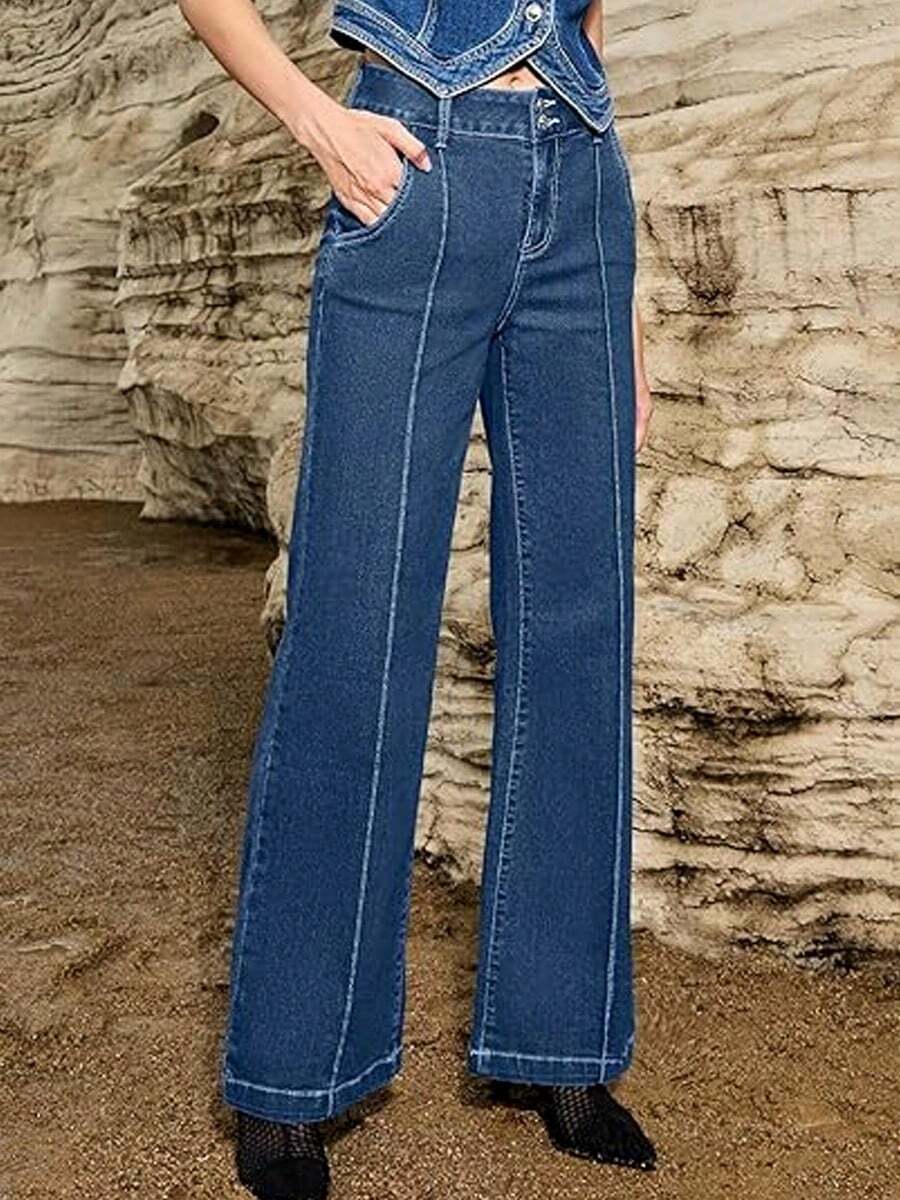 Wide Leg Jeans For Women, Casual, Comfortable, High Waist, Stretch, Denim Pants - Màu xanh nhạt - Xem 1