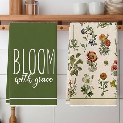 2条装花卉图案厨房毛巾，水彩野花与复古蝴蝶图案，农舍风格，适合夏季使用，可用于洗碗、擦手、擦拭茶水等，适用于厨房和餐厅。