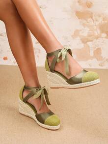 Women's Round Toe Thick High Heel Sandals, New Fashion Sexy Lace-Up Shiny Elegant Formal Shoes, Platform Wedge Summer Sandals Suitable For Party, Banquet, Date, Casual Wear In Spring - Green - View 2