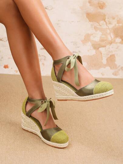 Women's Round Toe Thick High Heel Sandals, New Fashion Sexy Lace-Up Shiny Elegant Formal Shoes, Platform Wedge Summer Sandals Suitable For Party, Banquet, Date, Casual Wear In Spring