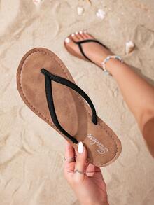 女士夏季户外休闲舒适时尚拖鞋，防滑轻便人字拖 - 黑色 - 查看 1