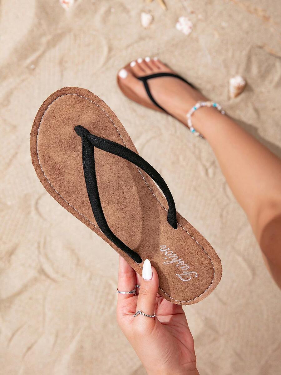 女士夏季户外休闲舒适时尚拖鞋，防滑轻便人字拖 - 黑色 - 查看 1