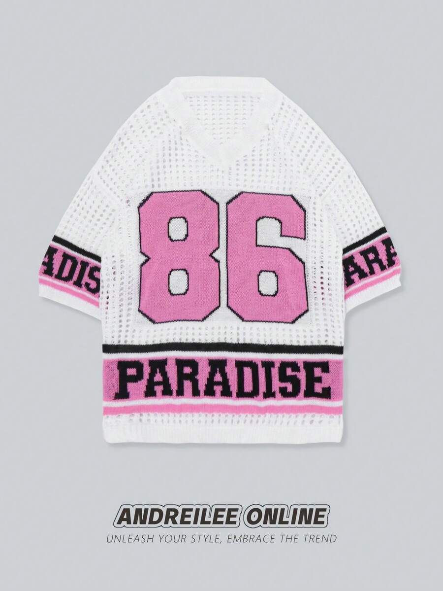 ANDREILEE Casual Loose V-Neck Short Sleeve Knit Top With English Hollow-Out Design, Unisex For Spring/Summer - White - View 1