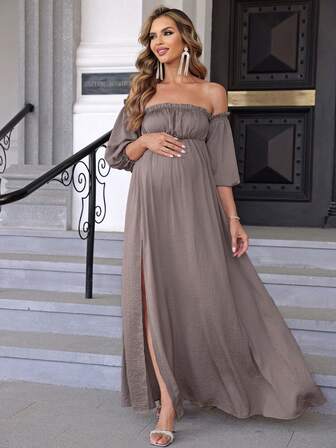 Joyfunear 孕妇时尚纯色露肩开衩长袍连衣裙