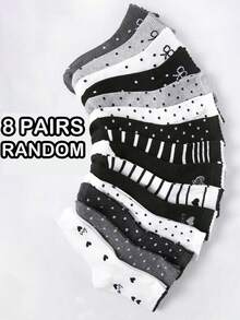 8 Pairs Kids/Teens Random Print Bow Polka Dot Striped Ruffle Mid-Calf Socks, Fashionable For Daily Wear - Multicolor - View 1
