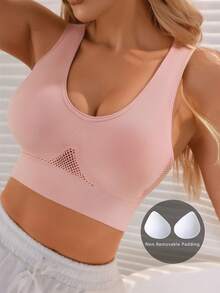 Women's Wireless Sports Bra With Removable Pads, Comfort Breathable Seamless Support Racerback Bra Top - Pink - View 5