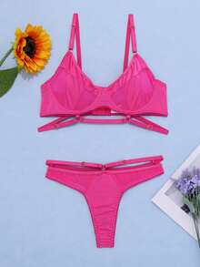 Sexy Lingerie Semi-Perspective Sling Bra 2 Pcs Set - Hot Pink - View 6