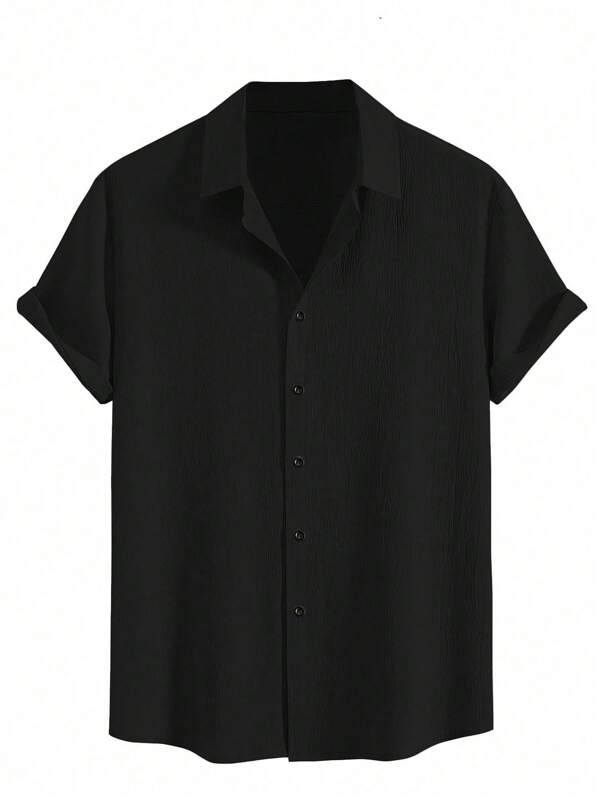 Camisa texturizada casual de manga curta masculina com botões, camisa de praia de verão resistente a rugas