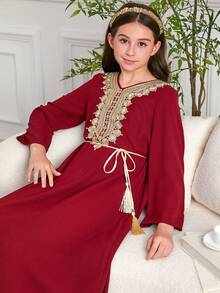Tween Girls' Embroidered Patchwork Long Sleeve Belted Dress - Burgundy - View 6