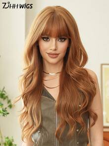 7JHH WIGS 28 Inch Ginger Brown Wig, Luxurious Long Wavy Curly Hair With Bangs, Fluffy And Natural, Made Of Very Soft Heat-Resistant Synthetic Fiber, Fully Machine Curled, Suitable For Girls' Daily Wear, Music Festival Parties, Street Outfits, Anime Cosplay Or Costume Styling. - 黃色 - 查看 5