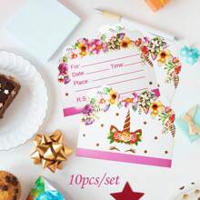 10pcs/20pcs Unicorn Themed Party Invitation Cards, Pink Floral Background Invitations Suitable For Wedding, Birthday, Gathering, Engagement And Other Celebrations