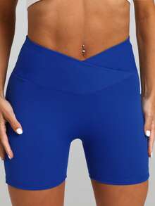 RUNONWHEELS 5 Plus Size Cross Waist V-Shaped Women's Fitness Shorts Breathable Sports Shorts Stretchy Shorts Women Sweat Short, Gym Short - Blue - View 4