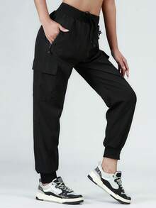 女士夏季速干跑步裤，带拉链口袋 - 时尚休闲透气慢跑裤，适合跑步、锻炼和日常活动 - 黑色 - 查看 1