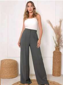 Women's Wide Leg Pants With Zipper And Button In Duna Fabric - Grey - View 1
