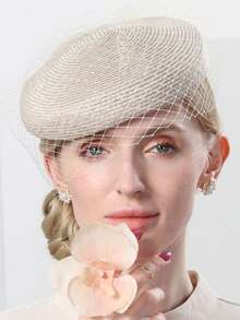 HIMESPORT 2026夏季香槟色草编头饰帽，带面纱 - 优雅的教堂婚礼新娘配饰、下午茶会头饰、新娘母亲珍珠装饰头饰 - A - 查看 3