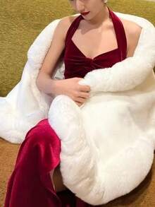 1pc New Faux Fur Collar Shawl Cardigan For Women, Solid Color Plus Size Knit Loose Wrap Shawl, Romantic Warm Cloak Dress Coat - A - 查看 4