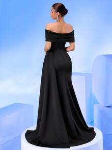 Elisanya 露肩深V领高腰长腰带前开衩露背晚礼服，适合盛大宴会、婚礼宾客、正式场合穿着 - 黑色 - 查看 2