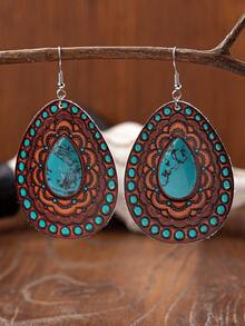 1 Pair Midwest Western Turquoise Stone Decor Leather Dangle Earring For Women - Multicolor - View 1