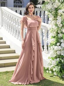 UNITHORSE Fabric 女士优雅露肩短袖雪纺修身系带腰蕾丝边优雅新娘礼服 - 藕粉色 - 查看 6