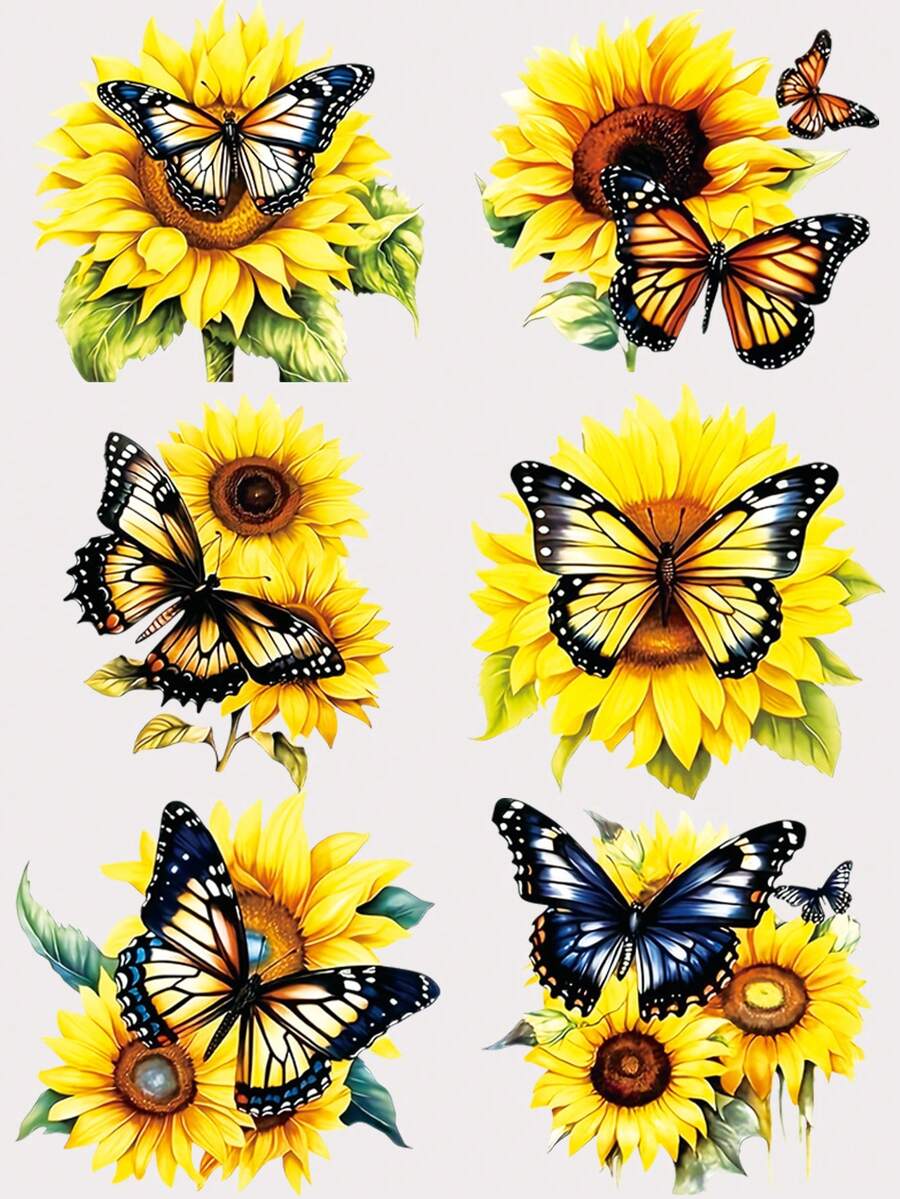 6pcs Sunflower & Butterfly Clothing Print Pattern Heat Transfer Vinyl Sticker, For Clothes Hot Press Paste - Mixed Color - View 1