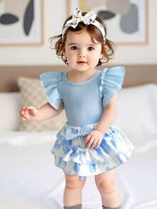Baby Girl Clothes Newborn Infant Summer Outfits Ruffle Romper And Shorts With Headband Sets For 0-3-6-12-18 Months - Blue - View 2