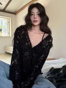 Sexy V-Neck Black Lace Blouse, Lightweight Cardigan Sheer Design Long Sleeve Top For Spring/Summer - Black - View 5