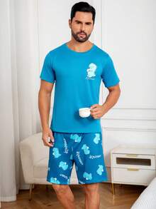 2pcs/Set Men's Blue Short Sleeve Dinosaur Print T-Shirt And Shorts Pajama Set - Blue - View 6
