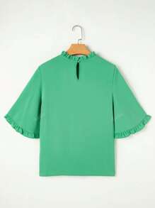 Acelitt Blusa verde con cuello redondo fruncido, manga media ancha