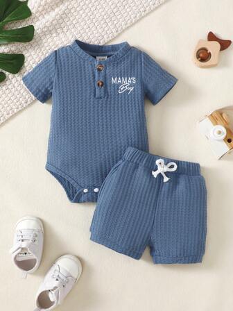 BrownBark 2pcs Baby Boys Summer Newborn Infant Cute "MAMA'S Boy" Embroidered Solid Color Short Sleeve Bodysuit & Shorts Set, Soft Comfortable Adorable Casual Outfit For Indoor Daily & Outdoor