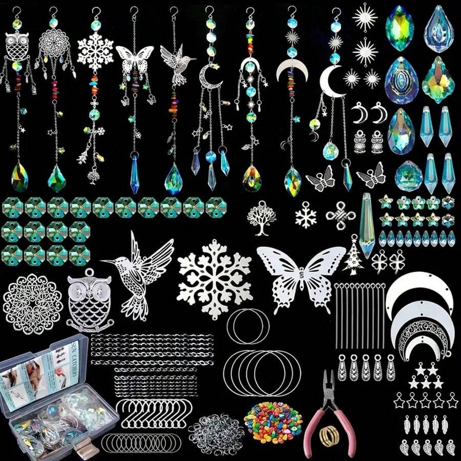 450PCS DIY Rainbow Suncatcher Making Kit With Butterfly Owl Hummingbird Snowflake Moon Charms, Colorful Beads, Chains, Rings & Pliers For Window Hanging Crafts - 450pcs Colorful Gravel Hummingbird Diy - View 1