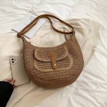 时尚简约女士编织斜挎包，小巧休闲单肩包，适合夏季海滩度假 - 卡其色 - 查看 7