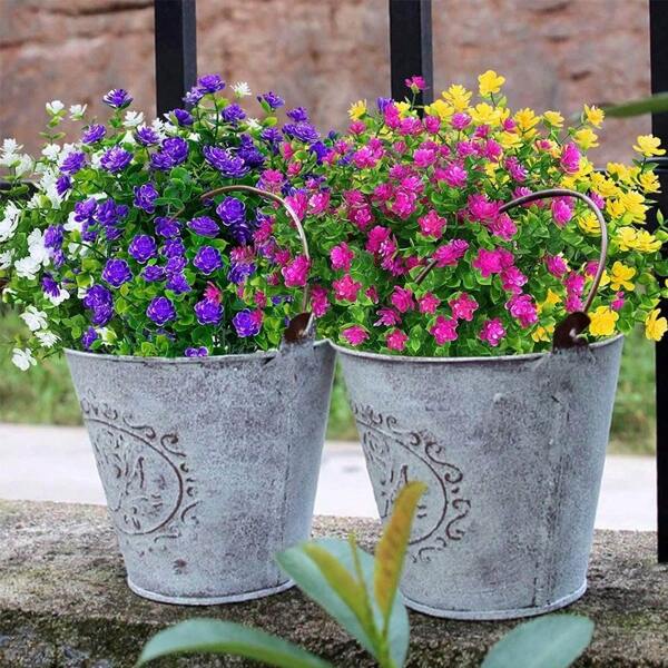 8Pack Eucalyptus Fake Flowers, No Fade, Lifelike, ArtificialPlastic, For Hanging Planters, Outside, Porch, Window Box, WeddingIndoor, Outdoor, Housewarming, Spring, Summer Decoration(No Flower Basket)