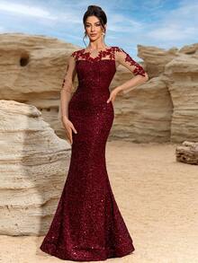 Elisanya Váy Maxi dài tay lưới ren hoa màu đỏ cho nữ, Đầm dự tiệc trang trọng thanh lịch, Xuân/Hè - Màu Đỏ Sâu - Xem 5