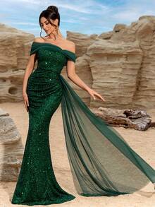 Elisanya 女士新款亮片正式晚礼服，不对称肩部网眼缎带露肩长裙，派对礼服，婚礼宾客礼服