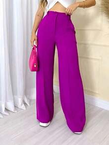 Women's Wide Leg Pants With Zipper And Button In Duna Fabric - 玫瑰紅 - 查看 1