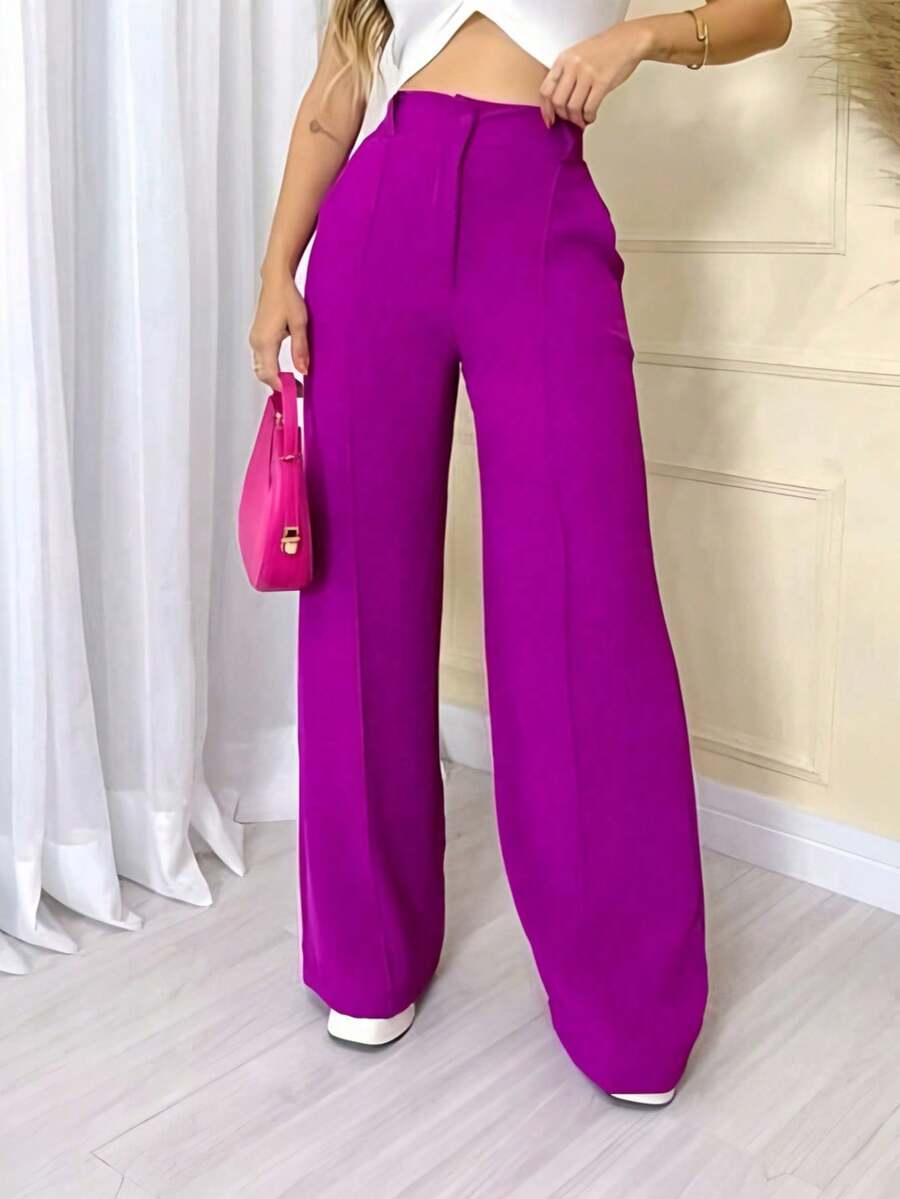 Women's Wide Leg Pants With Zipper And Button In Duna Fabric - 玫瑰紅 - 查看 1