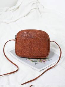 Torebka typu crossbody ze sztucznej skóry z wytłoczonym wzorem kwiatowym dla kobiet, modna, słodka torebka na telefon komórkowy, swobodna torba na ramię z zamkiem błyskawicznym