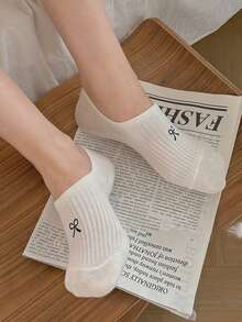 5 双女式可爱蝴蝶结图案夏季薄款短袜，清新轻盈，白色低帮透气休闲袜 - 彩色 - 查看 3