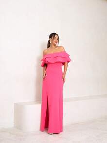 Long Off-The-Shoulder Mermaid Dress With Slit For Wedding Bridesmaid Bride Graduation And General Event - Màu Hồng Tươi - Xem 1