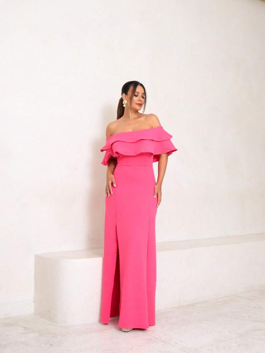 Long Off-The-Shoulder Mermaid Dress With Slit For Wedding Bridesmaid Bride Graduation And General Event - Màu Hồng Tươi - Xem 1