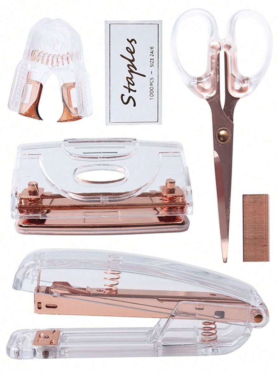 [Complete Office Stationery Set With Stapler] Office Stationery Kit, Including Stapler, Hole Punch, Tacker, Scissors, Stapler - Acrylic + Metal, With Staples - Rose Gold, Office Desk Organizer Set, Ideal For Students And Professionals,Back To School,School Supplies