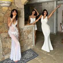 Women Mesh Sheer V Neck Bodycon Long Maxi Dress Swimsuit Coverups Spaghetti Straps 3D Flowers See Through Sleeveless High Split Beach Dress Bikini Cover Ups Summer Party Dress For Cocktail Beach Clubwear Streetwear - 白色 - 查看 10