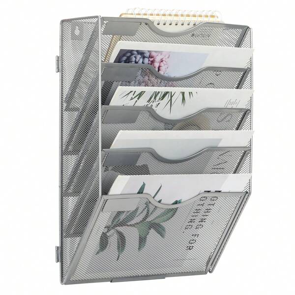 5 - Pocket Metal Mesh Wall File Holder With Labels - No Tools Easy Assembly | Ideal Office Organizer For Letter Folders, Also Great For Classroom & Home Storage, Silver