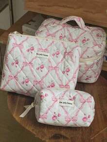 3pcs/Set Pink Quilted Bow & Rose Design Cosmetic Bag, Travel Makeup Bag - Fashion Portable Makeup Pouch, Multifunctional Storage Bag, Large Capacity Cute Toiletry Bag, Lightweight Zipper Cosmetic Organizer, Sweet Style Toiletries Storage Box, Printed Wash Bag For Lipstick, Brushes, Skincare, Phone, Coins, Small Items, Mother's Day Gift