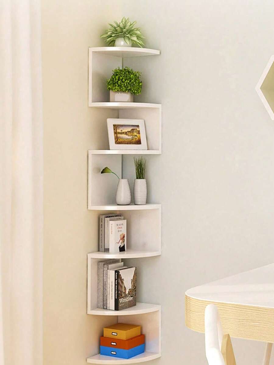 1pc Corner Wall Mounted Triangular Shelf Unit, Multi-Layer Storage Rack, No-Drill Wall Shelf For Living Room, Bedroom, Home Use - White - View 1