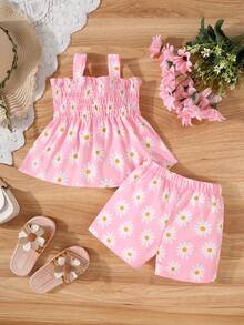 2pcs/Set Baby Girl Ditsy Floral Camisole Crop Top + Cute Shorts Outfit - Pink - View 2