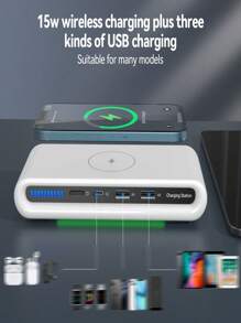 شاحن متعدد الوظائف محمول 4 في 1 مع منفذين USB ومنفذ Type-C و15 واط شحن لاسلكي، مناسب للهواتف الذكية وسماعات البلوتوث والساعات الذكية والأجهزة اللوحية وغيرها (ليس بنك طاقة) مناسب للمكتب والمسكن والشحن اللاسلكي المنزلي
