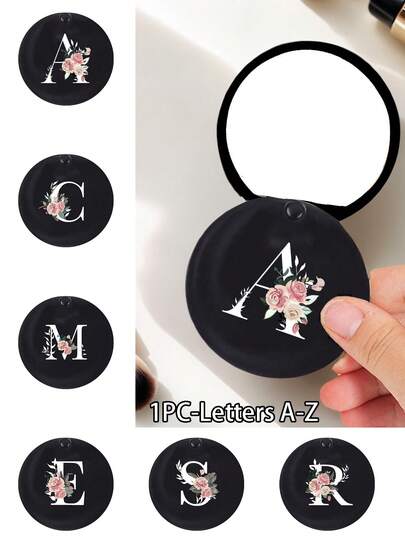Fashionable Black Round Mirror With Floral & Letter Pattern - Designer Travel Accessory, Convenient Sliding Mini Mirror, Plastic Material, Wear-Resistant , Lightweight And Portable, Pocket Mirror, Mini Makeup Mirror, Brand New Design, Suitable For Both Men And Women, Couples, Ideal For Daily Use, Dates, Birthdays, Holidays, Back To School, Summer, Vacations, Beaches, Commuting, Birthday Gift, Holiday Gift, Mother's Day Gift, Practical Gift
