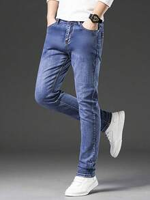 男士商务休闲直筒牛仔裤，弹力牛仔裤，适合日常穿着，时尚百搭 - 藍色 - 查看 2